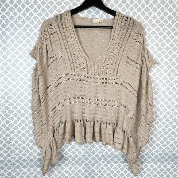 EUC Anthropologie Yellow Bird Tan Carolina Open Knit Poncho Sweater - Picture 2 of 10